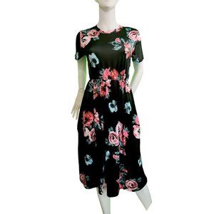 Women's Black Floral short sleeve Bloused Dress, Midi, Size Large